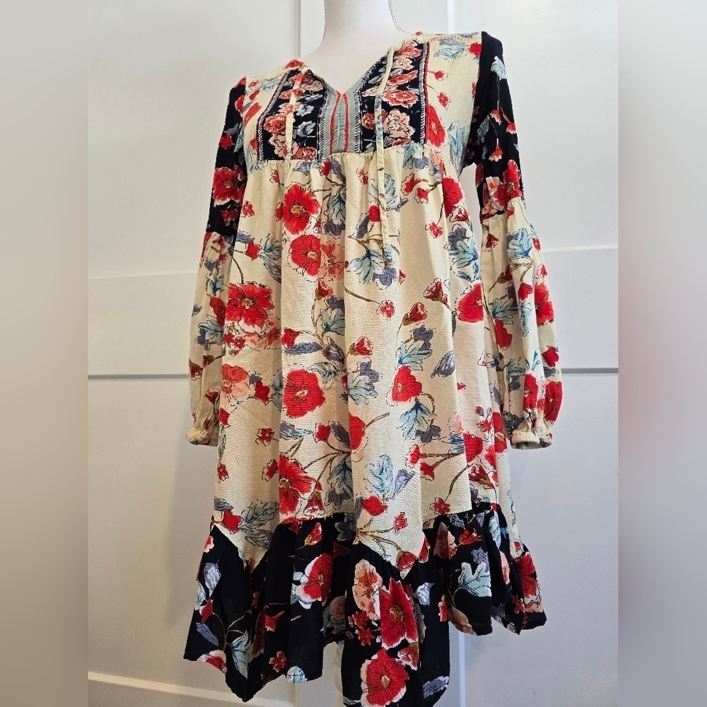 Patrons of Peace Blue and Cream Boho Dress with 3/4 Bishop Sleeves